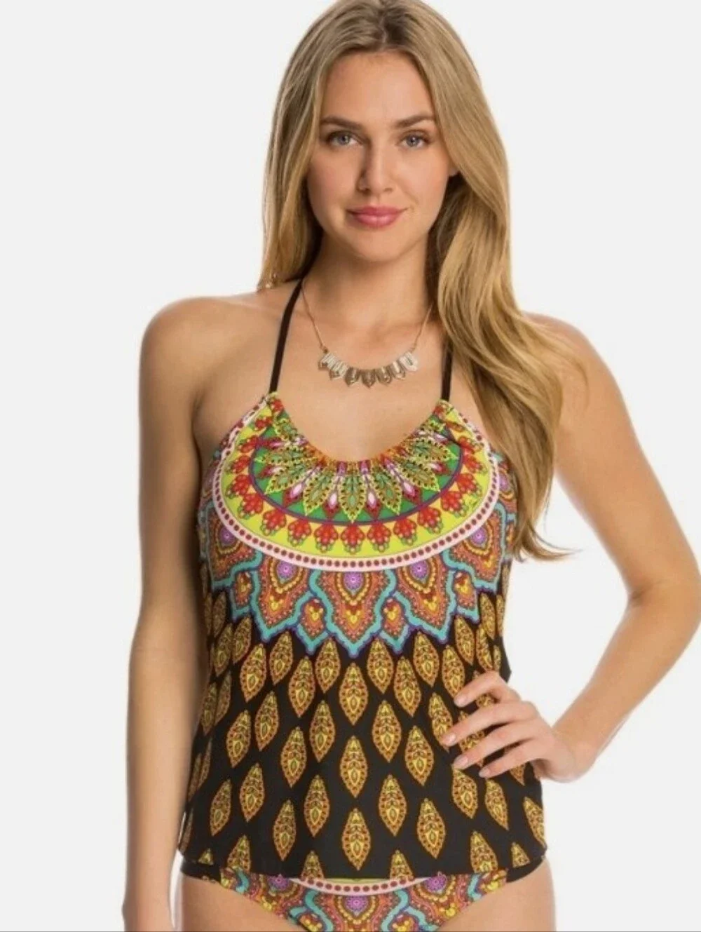 Trina Turk Moroccon Printed Halter Tankini Top in Black and Multicolor Sz 4 *O
